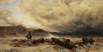 ヘルマン・デヴィッド・サロモン・コッローディ Painting - 砂嵐の中のラクダの列車 ヘルマン・デイヴィッド・サロモン・コッローディのオリエンタリズム的な風景